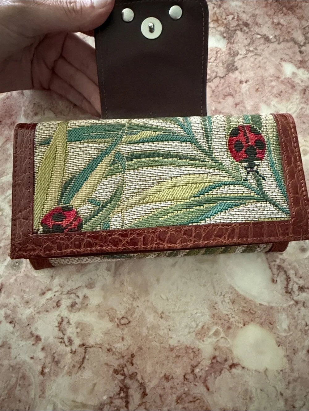 Floral Tapestry Trifold Wallet with Brown Faux-Croc Trim